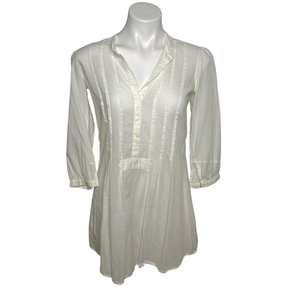 AllSaints White Cotton Pin Tuck V Neck 3/4 Sleeve Tunic Shirt US‎ 4